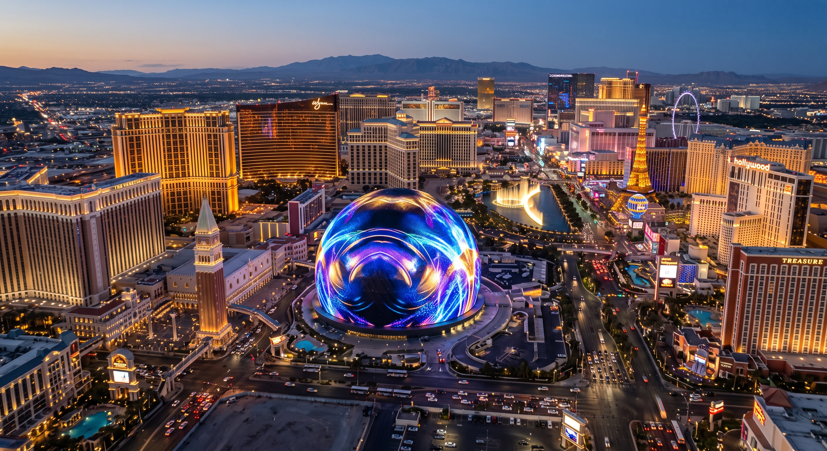 Colorful Sphere and the Las Vegas skyline at dusk