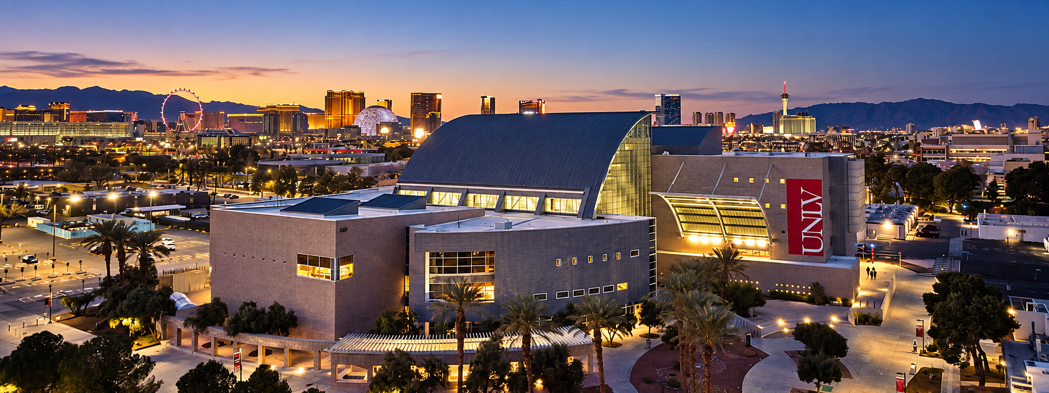 UNLV campus and the Las Vegas skyline at sunset